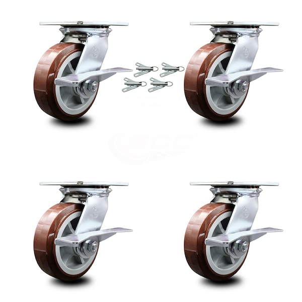 6 Inch Polyurethane Caster Set with Roller Bearing and Brakes/Swivel Locks SCC
